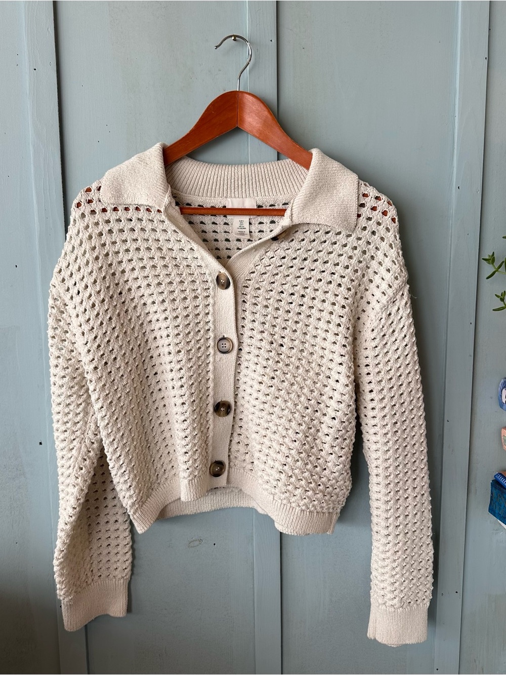 H&M Cream Open-Weave Button Cardigan Collared - Picture 4 of 9